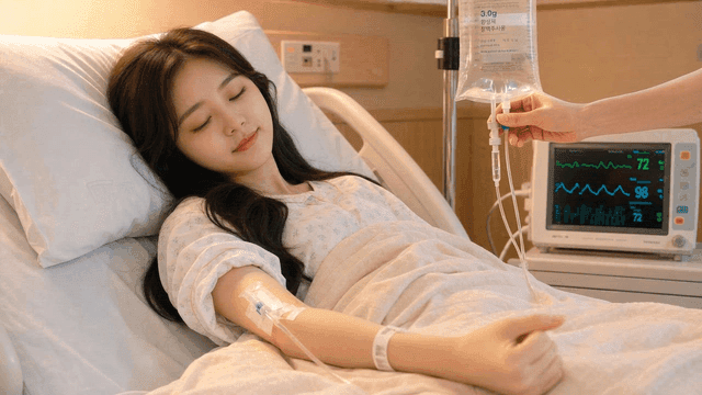 Woman resting on hospital bed while receiving IV drip