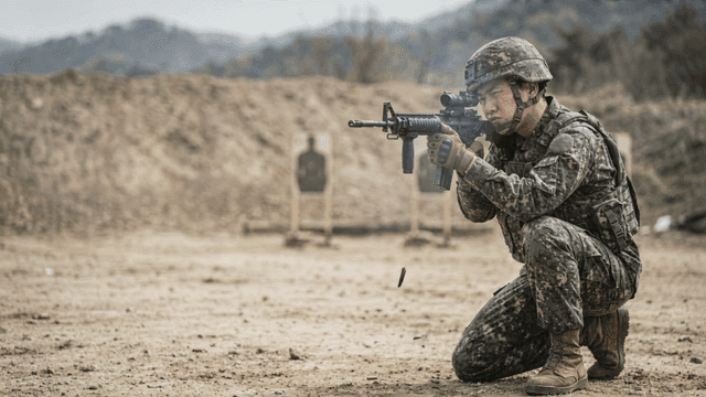 Soldiers practicing shooting at shooting range