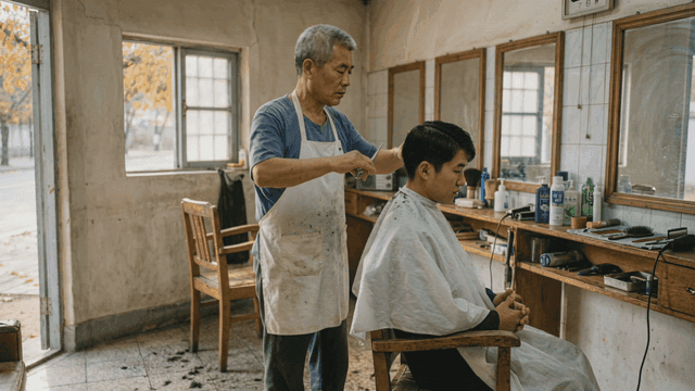 Country barber cutting young man's hair