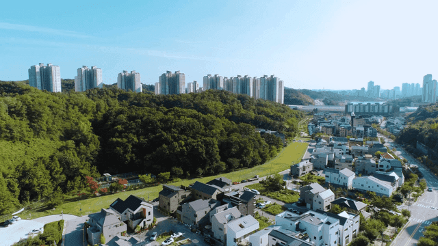 Suburban area with residential areas and forests