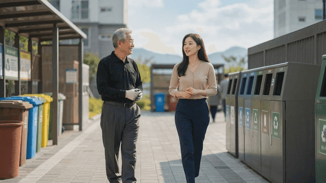 Security guard and woman talking near recycling bin