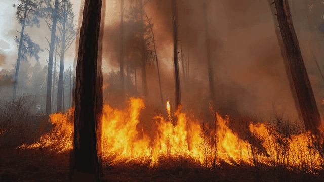 A forest engulfed in flames and smoke