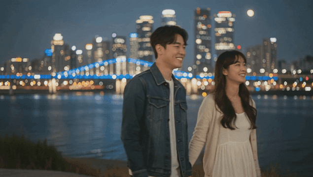 강변 도시 야경을 배경으로 한 행복한 커플