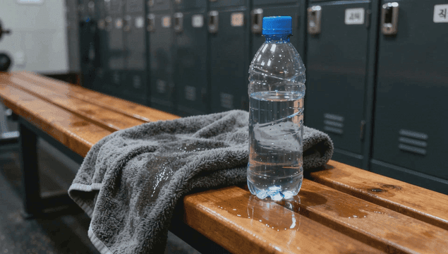 Locker room bench with sweat-soaked towel and water bottle