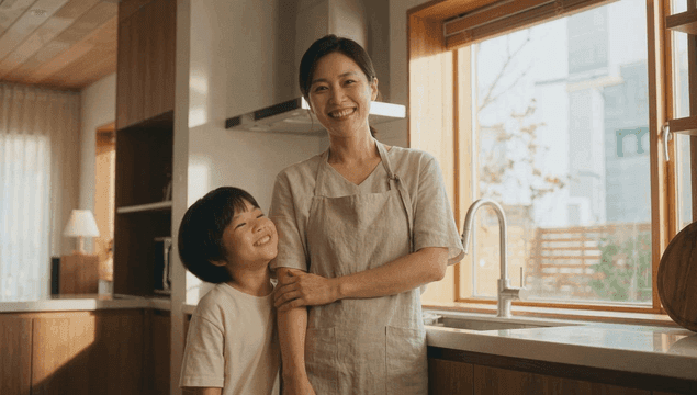부엌에서 미소 짓는 엄마와 아이