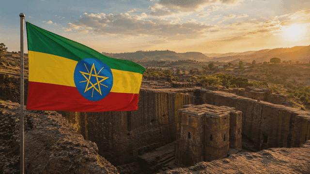 Ethiopian flag and historical site at sunset