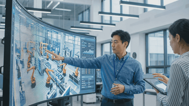 Office worker giving office presentation on robot technology