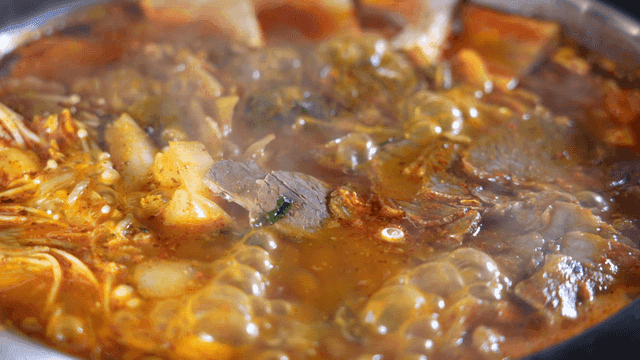 Spicy beef hot pot boiling in pot