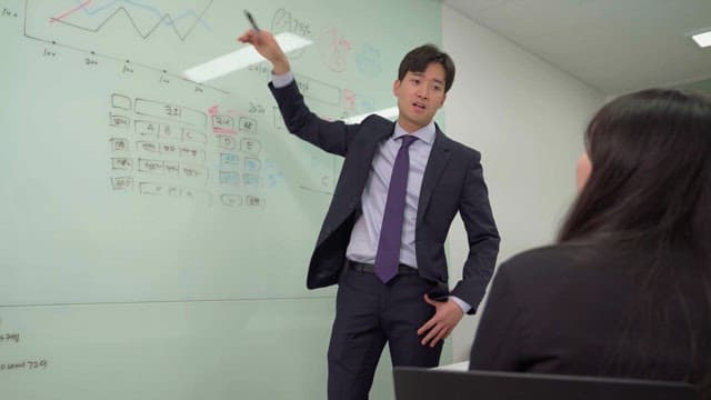 Man in suit presenting on whiteboard in office