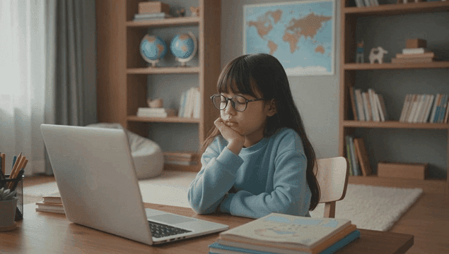 아늑한 방에서 온라인 학습 중인 여자아이