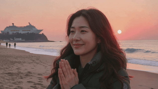 해변에서 일출에 소원을 비는 여성