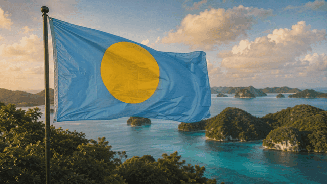 Palau flag fluttering against backdrop of island