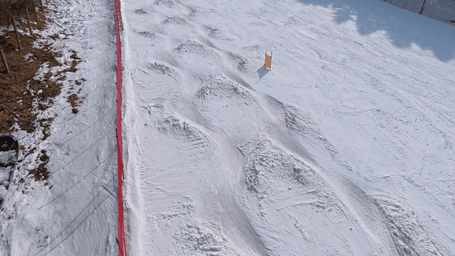 Skiers riding snow-covered mogul courses