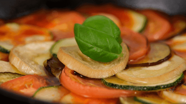 Colorful ratatouille with fresh basil