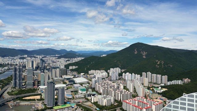 산이 보이는 광활한 도시 풍경