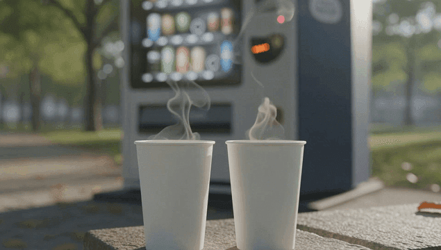 Two steaming cups in front of a vending machine