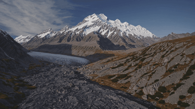 River flowing beneath snow-covered mountains