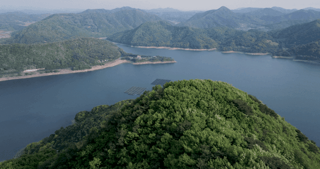 A serene lake surrounded by lush mountains