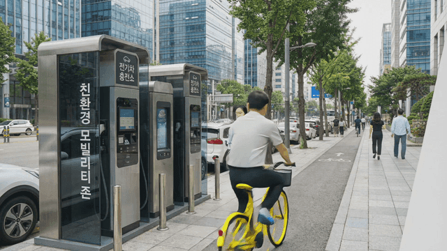 Electric vehicle charging stations on a city street