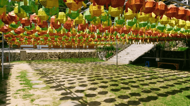 Colorful lanterns hanging at a temple