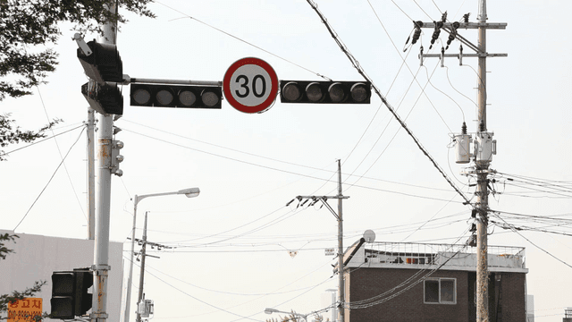 도시의 신호등과 전선