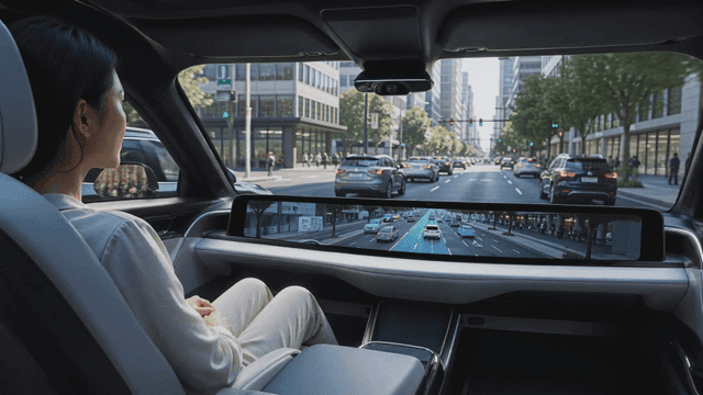 Woman riding in self-driving car