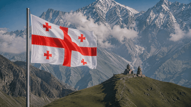 Georgian flag fluttering on mountain