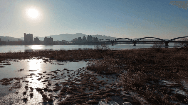 Tranquil river with bridges and cityscapes