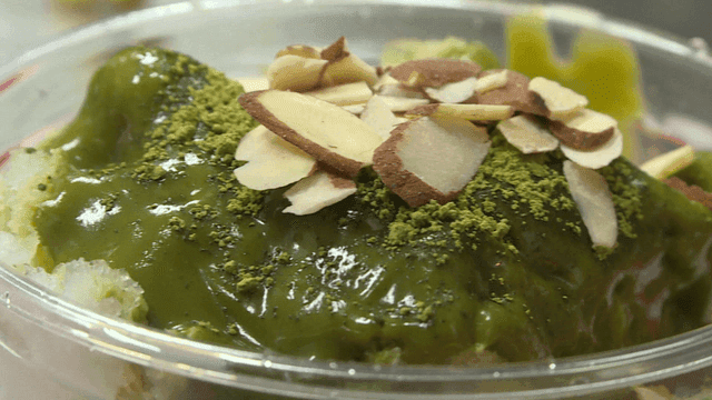 Green tea dessert with almond slices