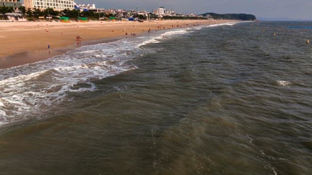 Scenic beach with people enjoying the waves