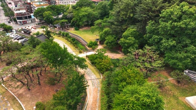 나무로 둘러싸인 전통 한옥