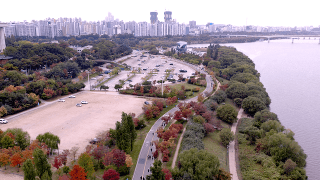 Riverside park with view of city skyline and joggers