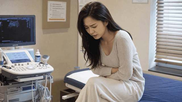 Woman experiencing abdominal pain at medical clinic
