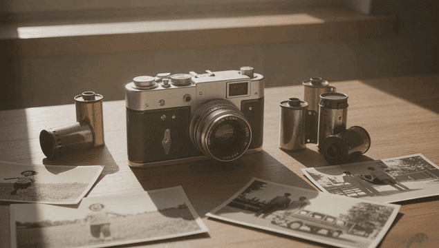 테이블 위의 빈티지 카메라와 오래된 사진