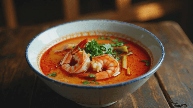 Bowl of spicy shrimp Tom Yum Goong on wooden table
