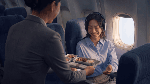 In-flight meals served to passengers by flight attendants