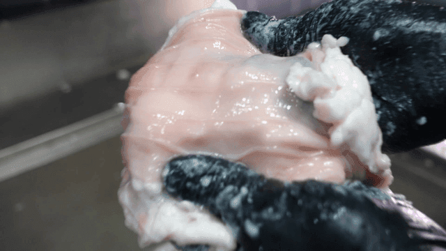 Handling raw beef intestines with gloved hands at sink.