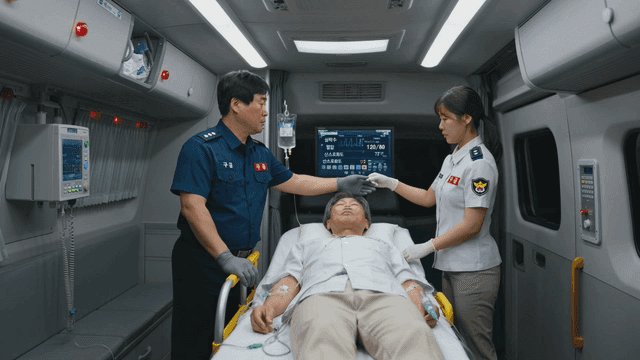 Paramedics attending to a patient in an ambulance