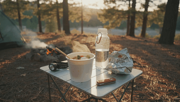 숲속 음식과 캠프파이어가 있는 캠핑 테이블