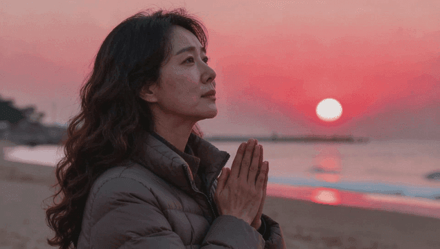해변에서 기도하는 여성