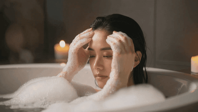 뜨겁게 거품 목욕을 즐기는 젊은 여성