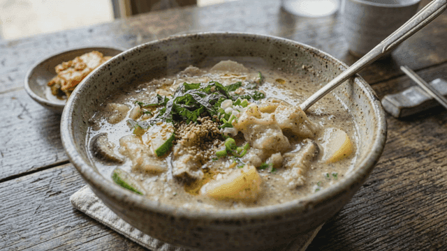 Steaming bowl of perilla seed sujebi