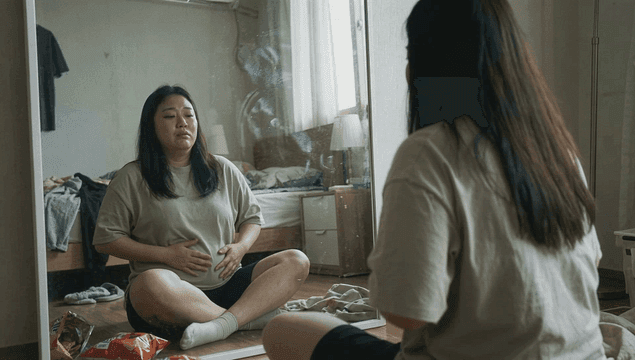 Obese woman sitting in front of mirror in her room and touching her stomach