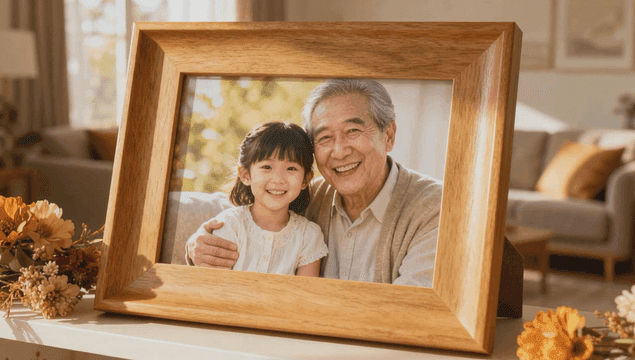 Grandfather and smiling granddaughter with photo frame
