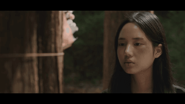 생각에 잠긴 숲 속의 여성