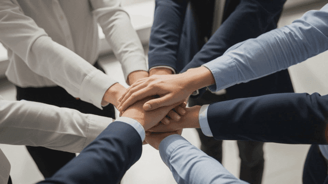 Company team members with their hands together