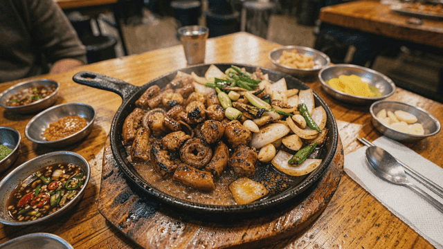 Grilled intestines and vegetables on a hot plate