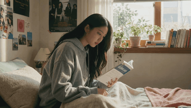 A woman reading a vocabulary book in bed