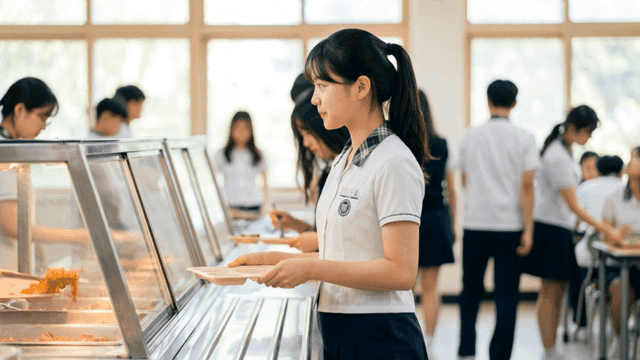 Students lining up at school cafeteria to receive food on their trays