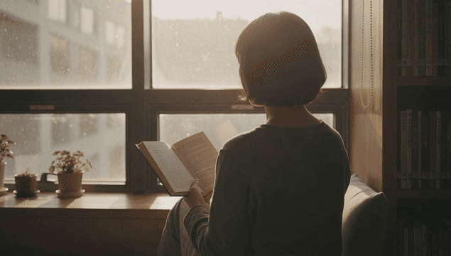 Woman reading a book by a window in the sunlight from behind